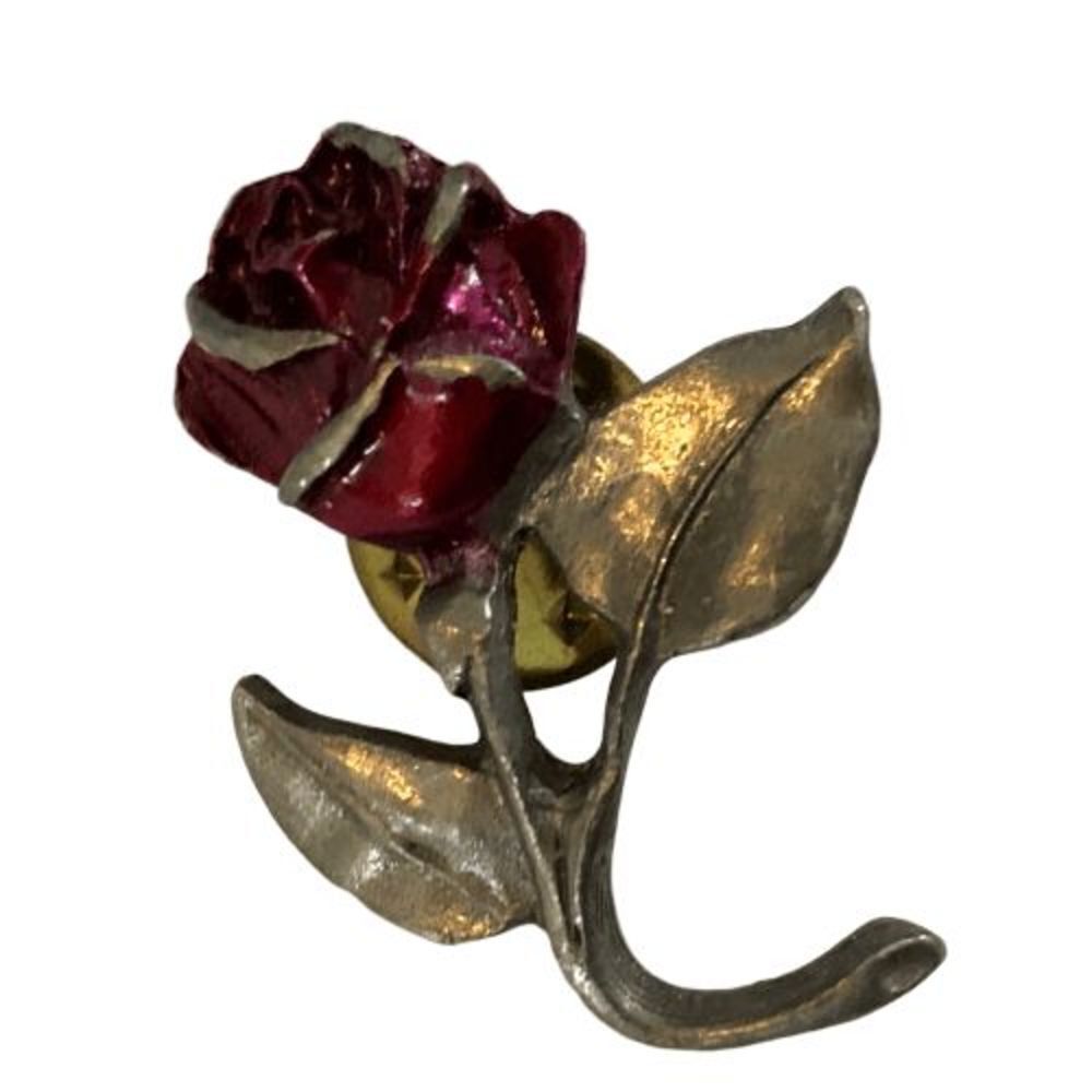 Vintage 1.25" Long Stem Red Rose - Pewter Lapel Pin